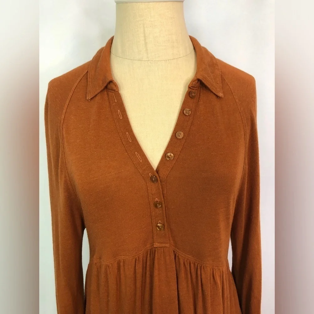 Free People Tiered Keyhole Boho Rayon Blend Long Sleeve Dress Rust Size XS